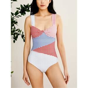 Marysia Sagaponack Multi Gingham Check Red Blue Twist Front One Piece Swimsuit